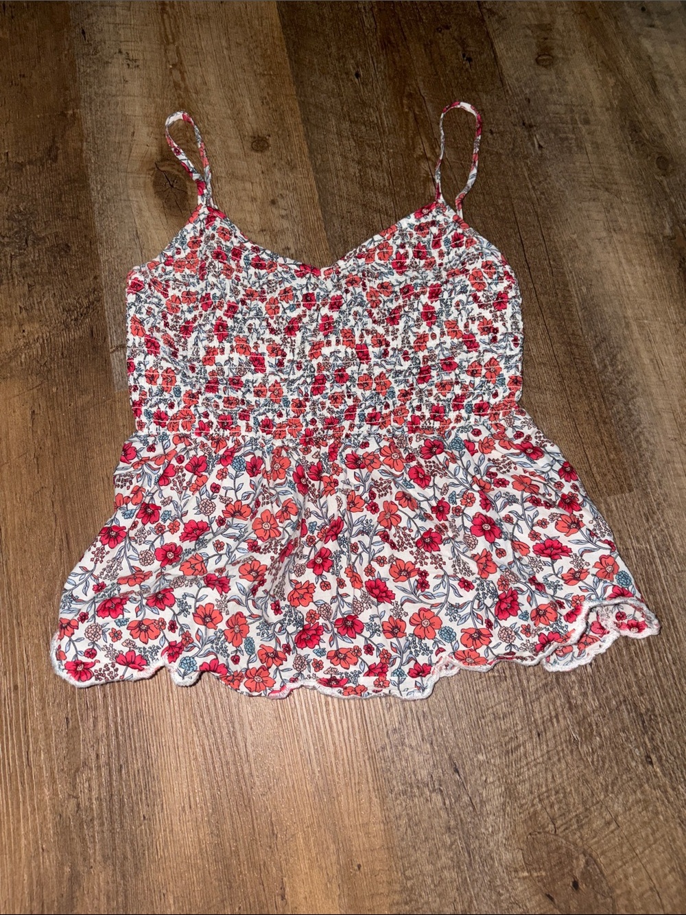No Boundaries White Floral Smocked Cami with Red Flowers